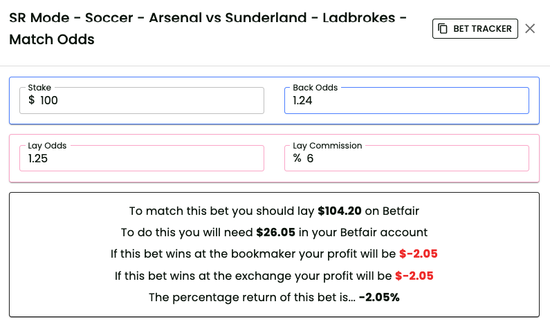 Calculator modal showing pre-filled bet amounts