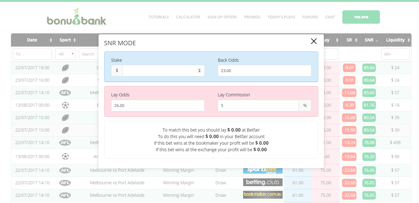 Integrated matched betting calculator