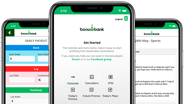 The only matched betting app in Australia. Three screens showing home screen, matched betting calculator. and bookmaker promos