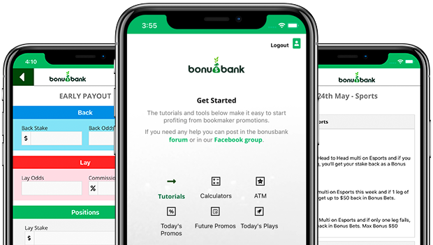 The only matched betting app in Australia. Three screens showing home screen, matched betting calculator. and bookmaker promos