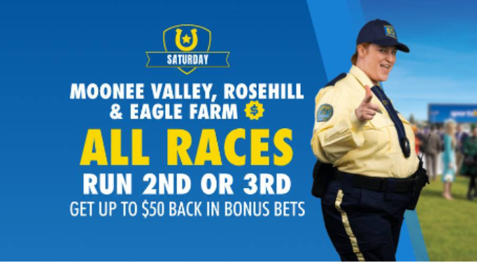 Australian bookmaker promo of refund of up to $50 if horse finishes 2nd or 3rd. Available on 27 races.