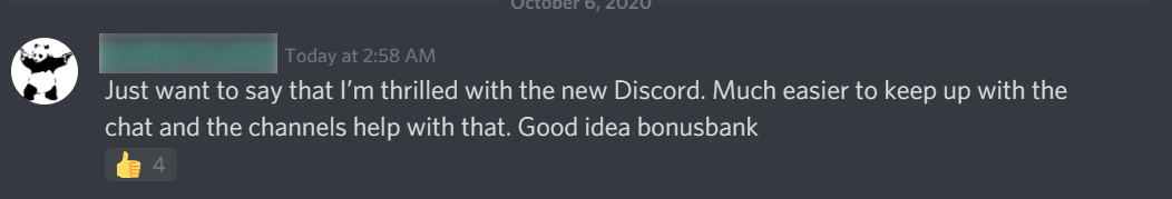 User feedback saying that the Bonusbank Discord server has made the matched betting community even better