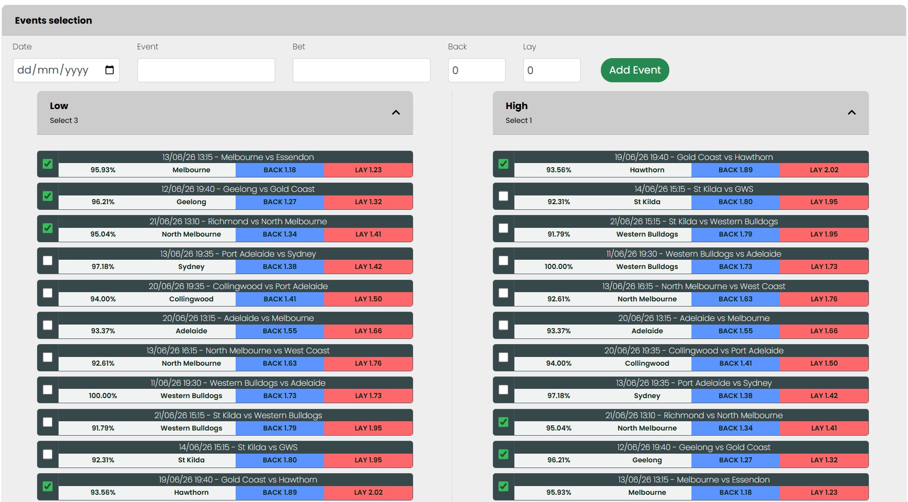 Lay at the Start multi-matcher selection section