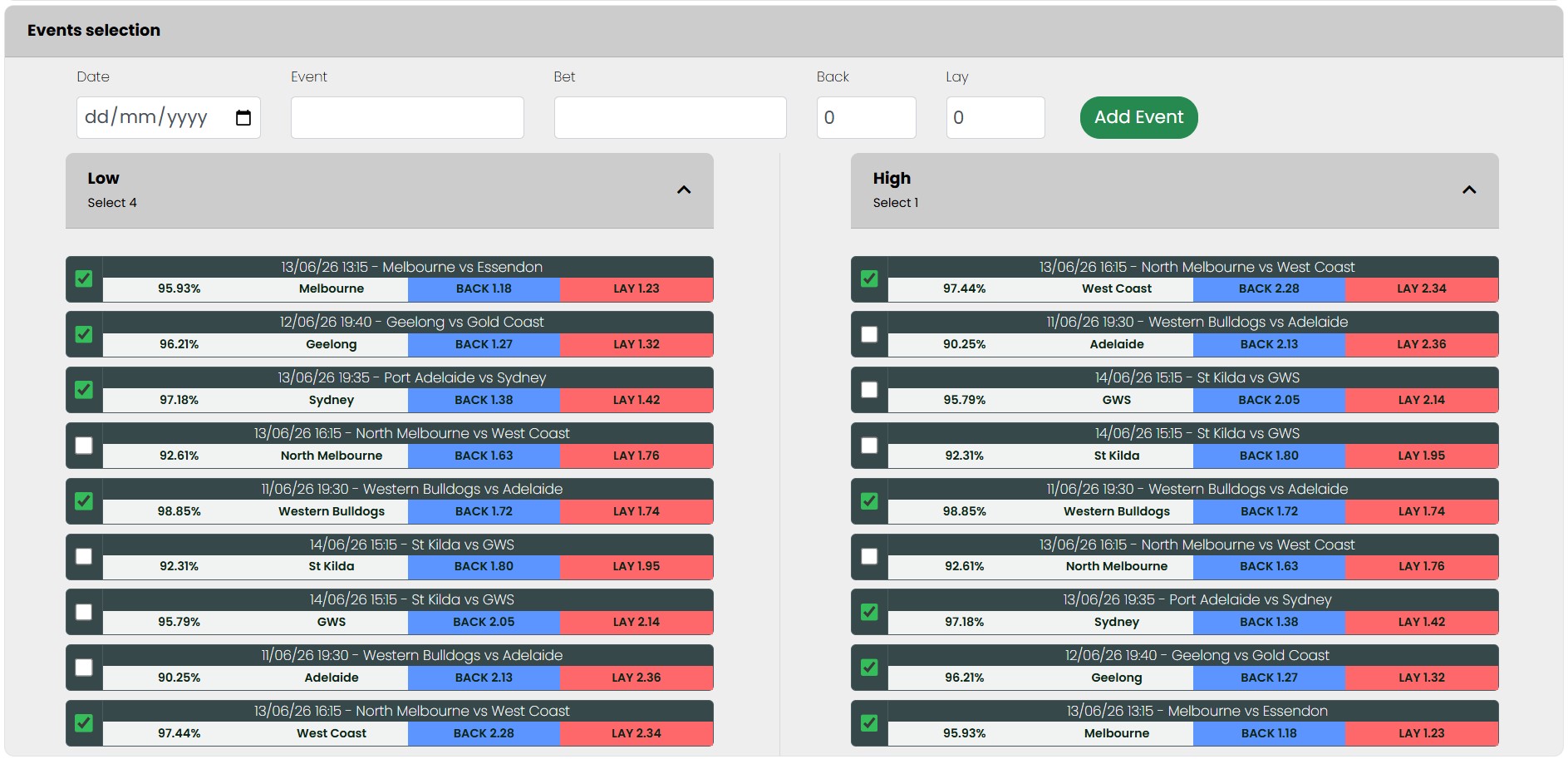 No-lay multi-matcher events selection section