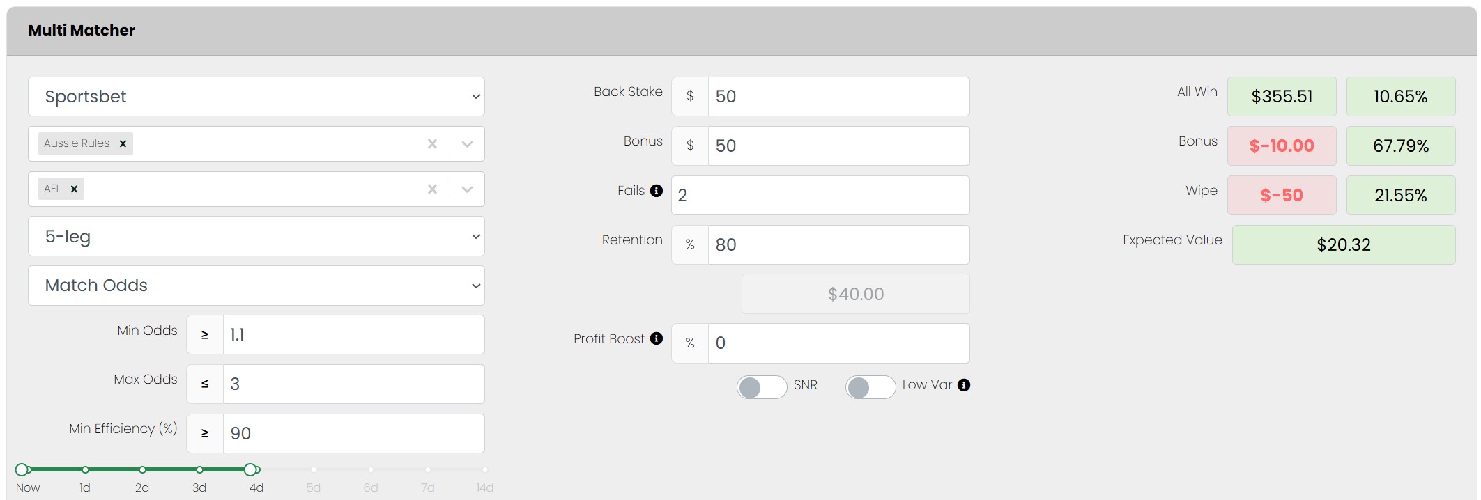 No-lay multi-matcher offer details section