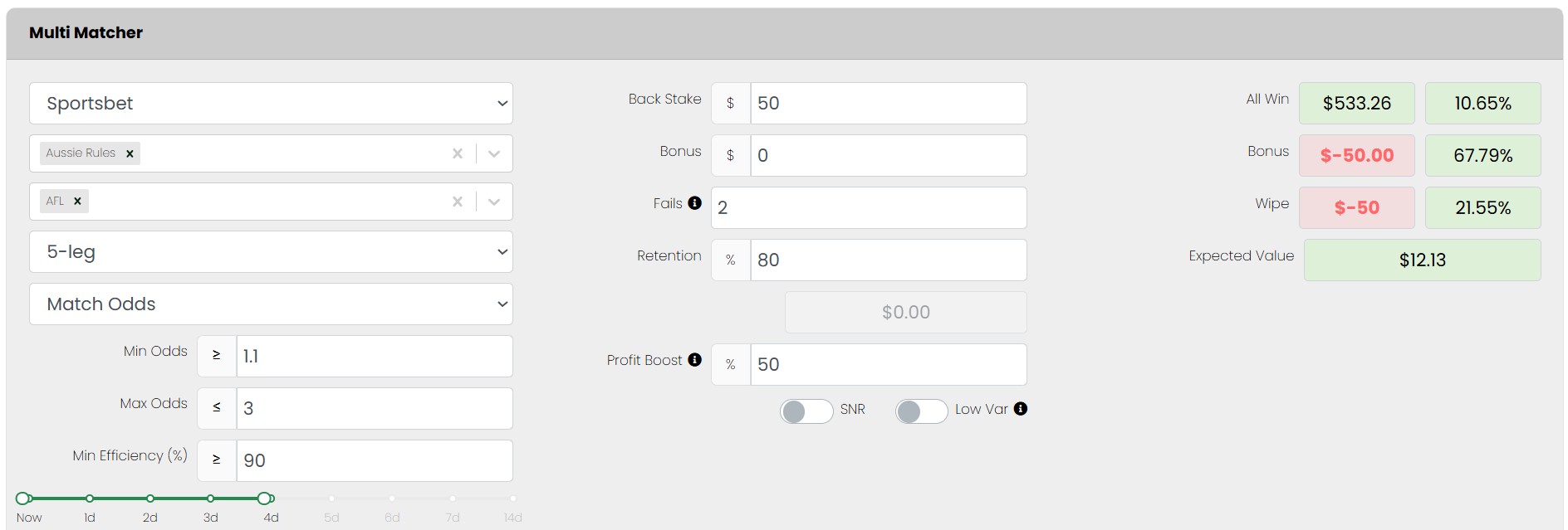 No-lay multi-matcher profit boost section