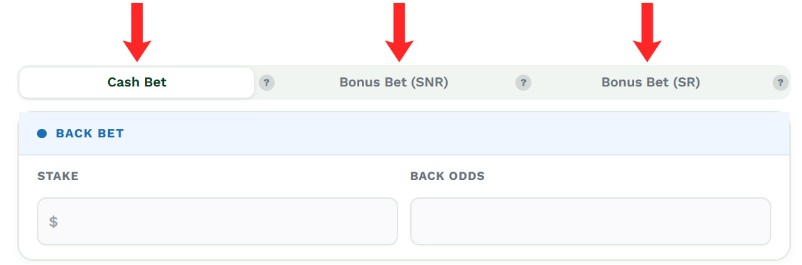 Betting UI with Cash Bet tab active and Bonus Bet tabs (SNR, SR); Back Bet panel with stake and back odds fields.