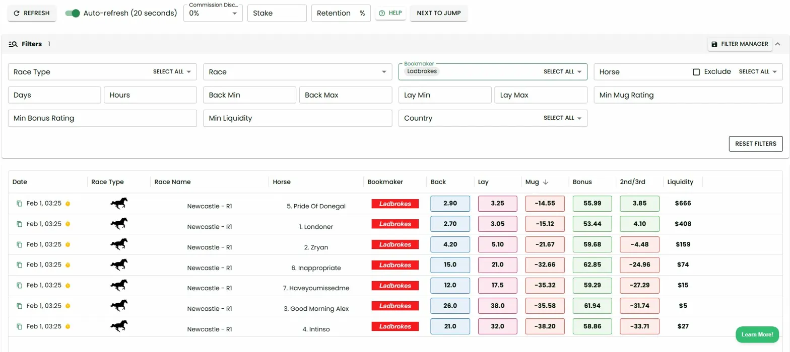 Racing Matcher tool showing Ladbrokes horse racing matched betting opportunities