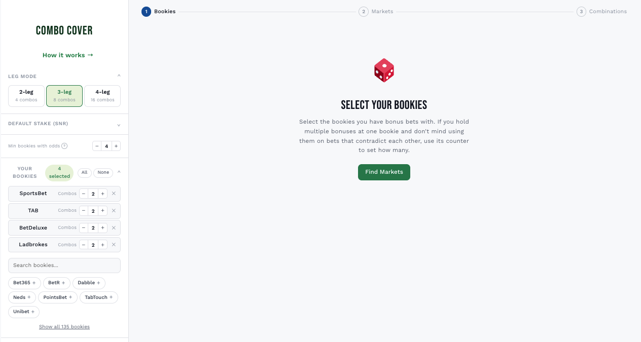 Combo Cover step 1: selecting bookies and stake