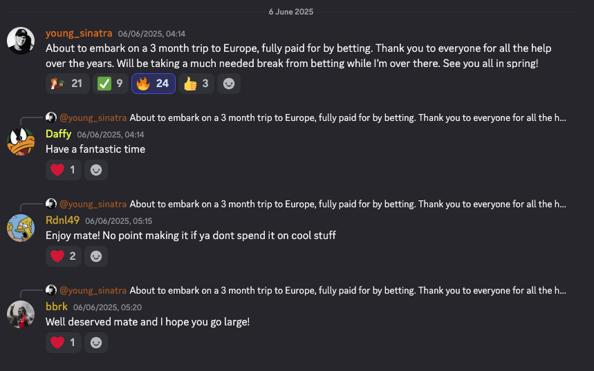 Discord chat thread where user 'young_sinatra' announces a 3‑month Europe trip funded by betting and thanks supporters.