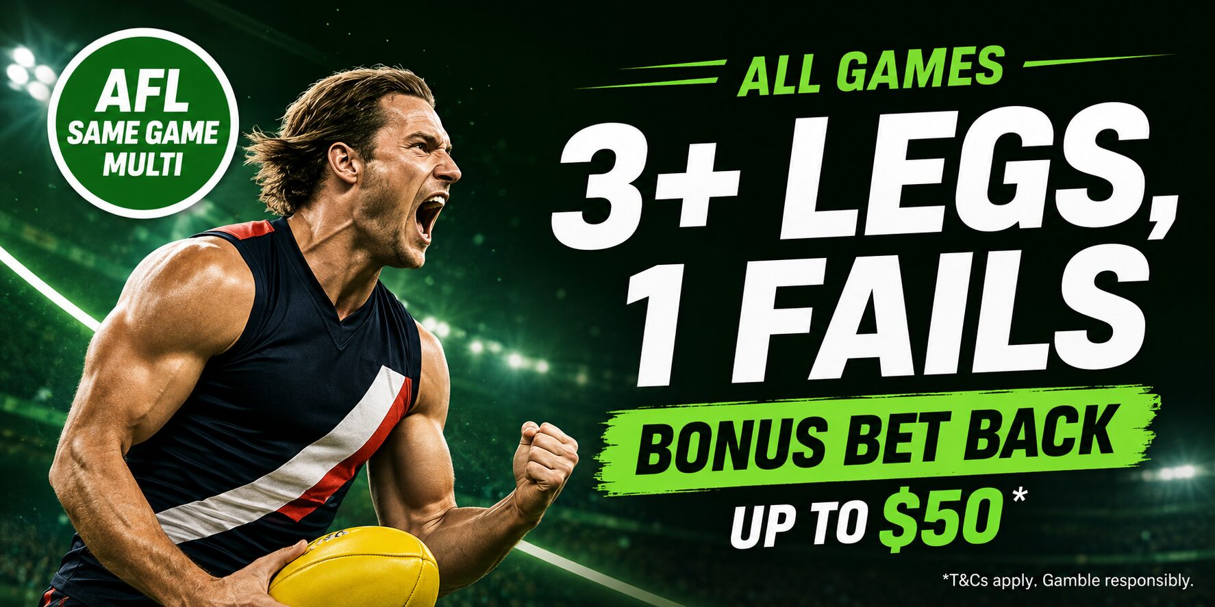 AFL Same Game Multi promo: all games, 3+ legs 1 fails, bonus bet back up to $50