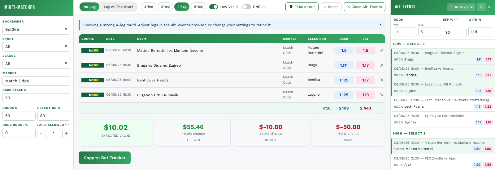 The Bonusbank Multi-Matcher, showing all three panels