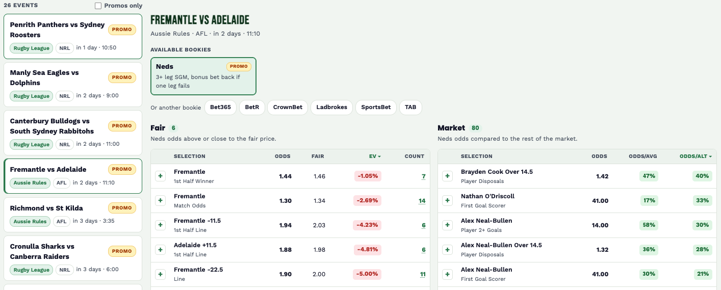 Sports betting page for Fremantle vs Adelaide with odds tables and market bets (center shows odds for selections; left column lists other matches; right column market bets)