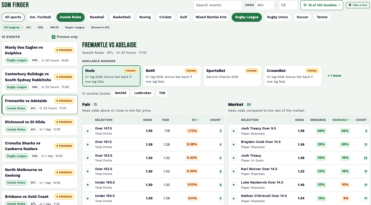SGM Finder tool ranking same game multi legs by value
