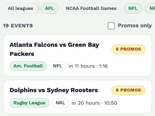 SGM Finder event list with sport and league filters